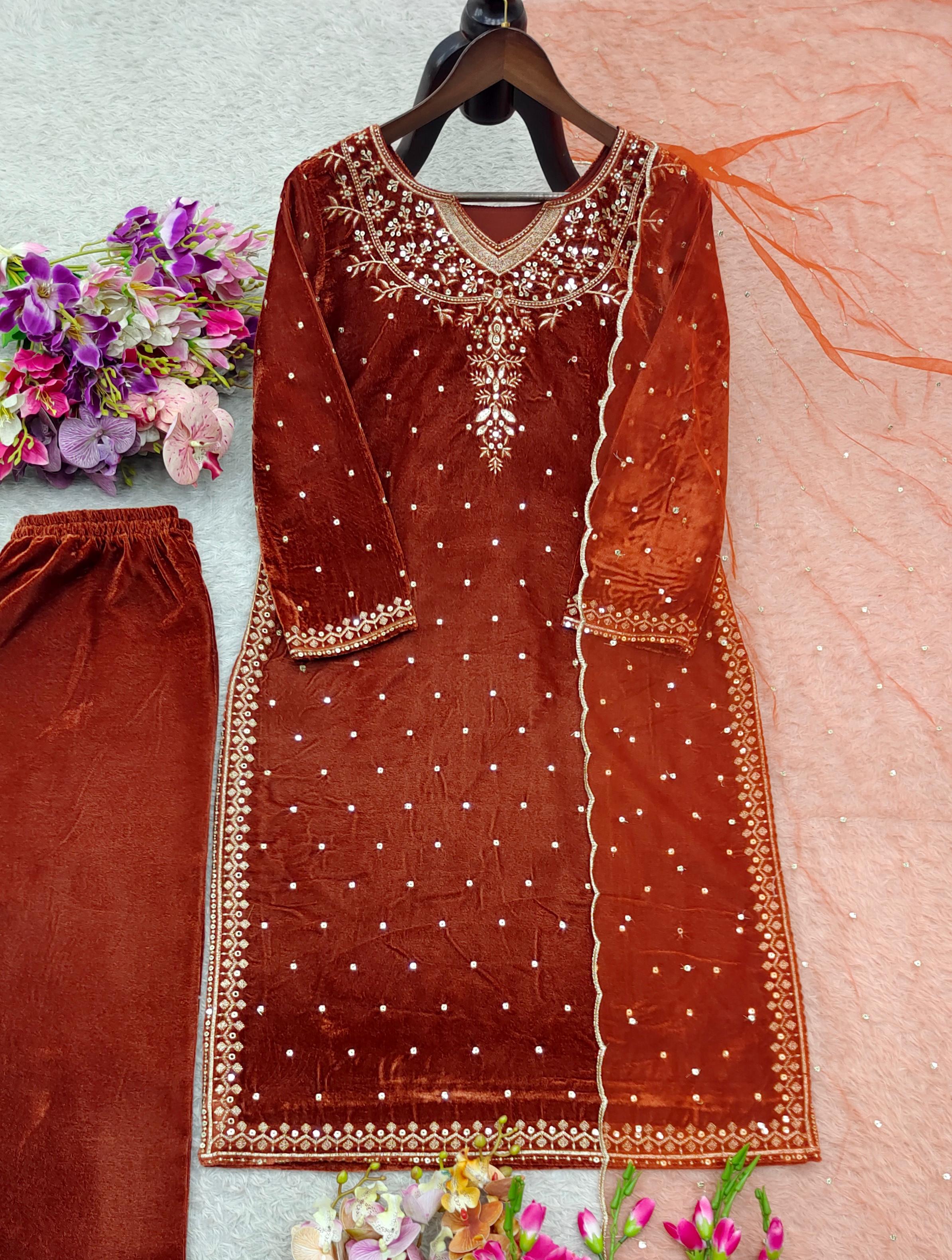 Design Velvet (Top & Pent & dupatta) Reddy To Wear Look Design