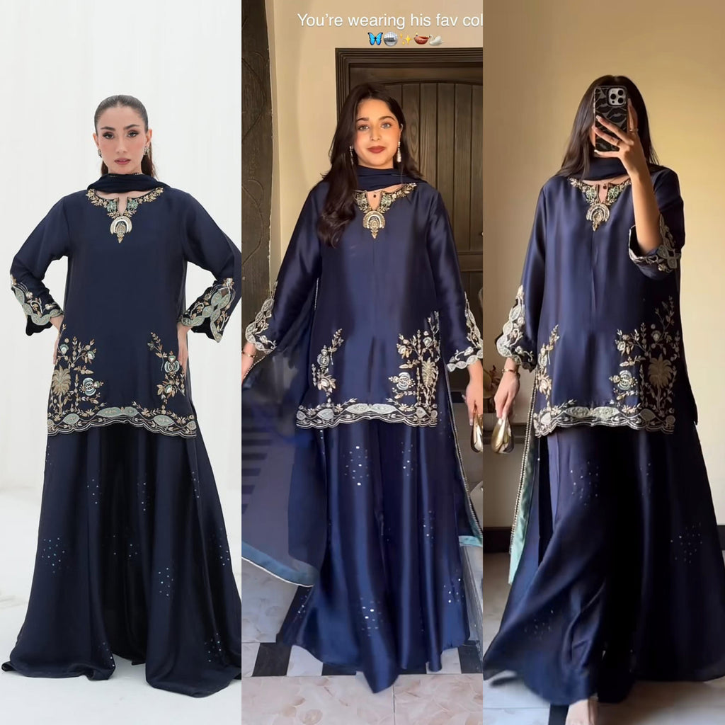 Heavy Natural Crep Silk Heavy Bids Hand Work Embroidery Sequence Work