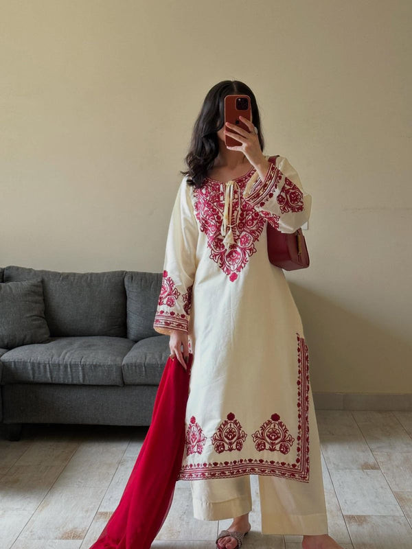 DESIGNER WEAR EXCLUSIVE SUIT IN EMBROIDERED ROMAN SILK FABRIC