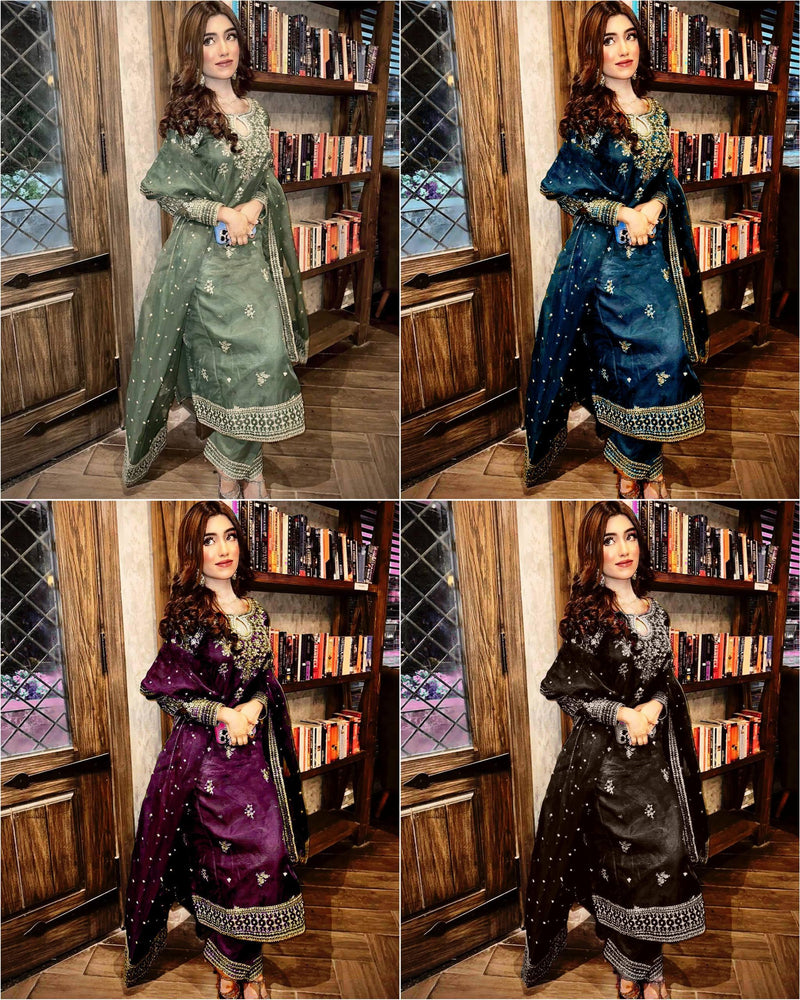 beautiful organza silk zari & sequins embroidery work Kurti Plazzo Set