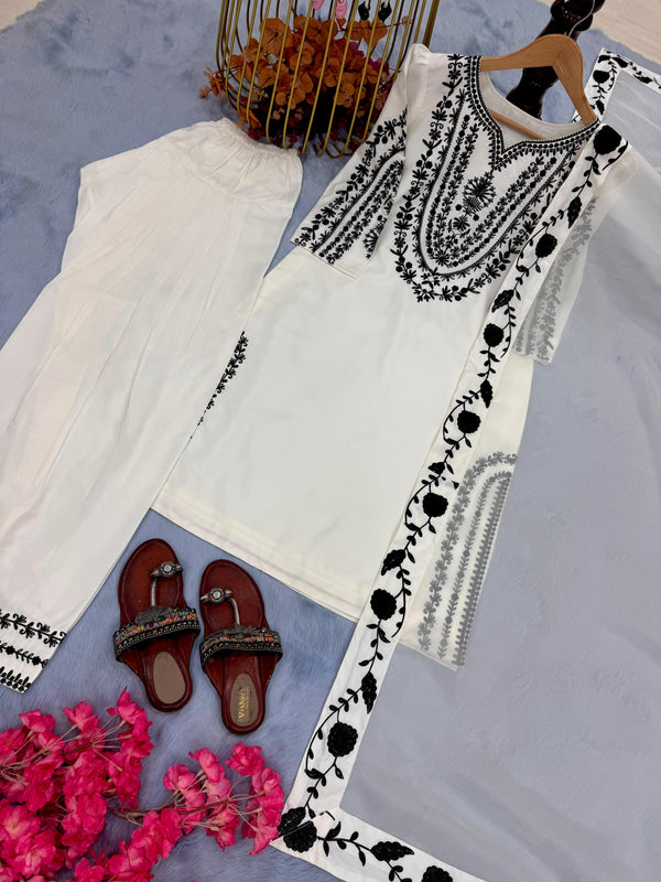 Đěsigner Party Wear Look Pur Natural Crepe Top & Farshi Palazzo With Dupatta set