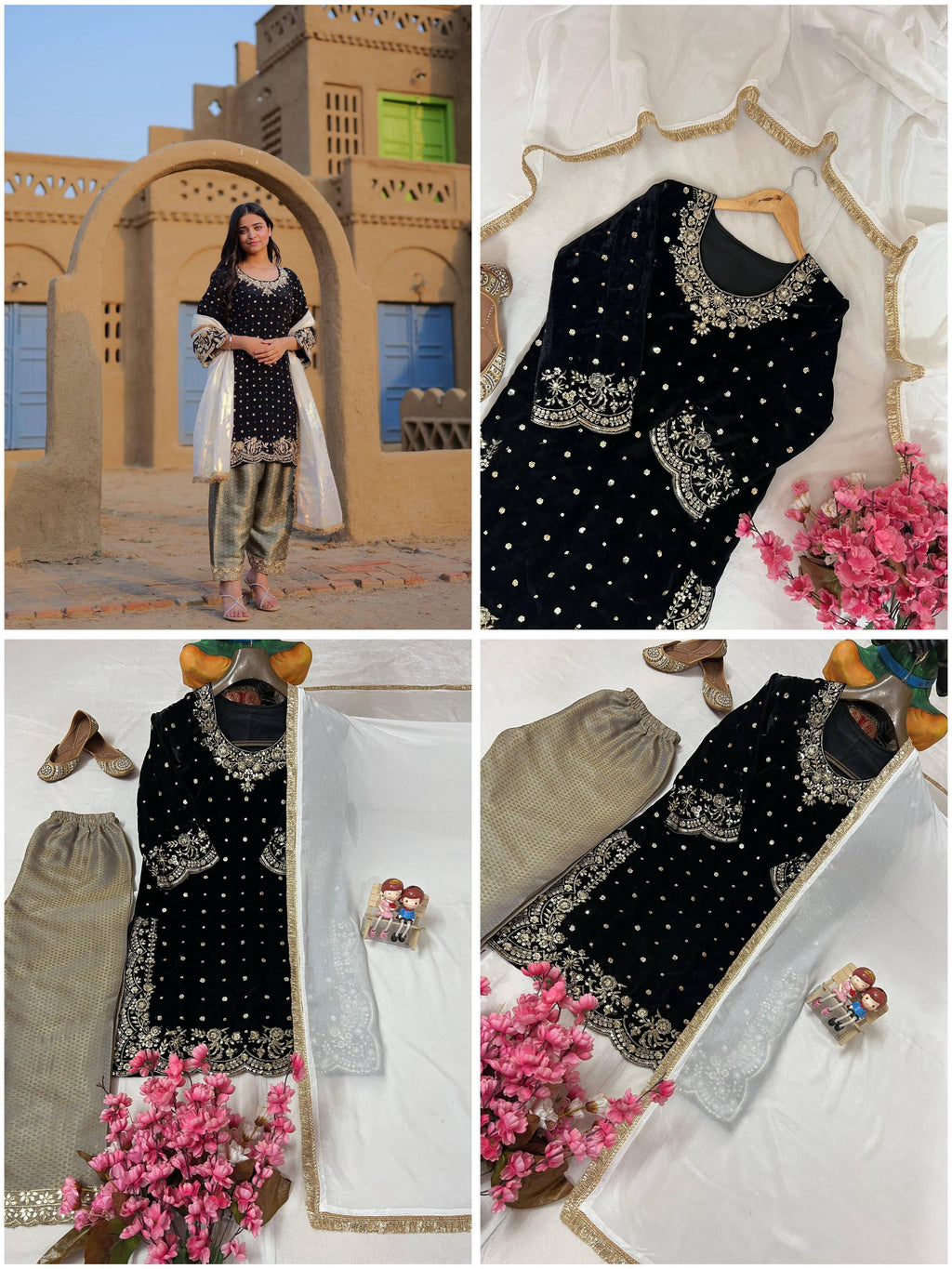 Velvet Kurti-Pant Set Sequins & Zari embroidery work with Cutwork Border