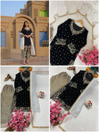 Velvet Kurti-Pant Set Sequins & Zari embroidery work with Cutwork Border